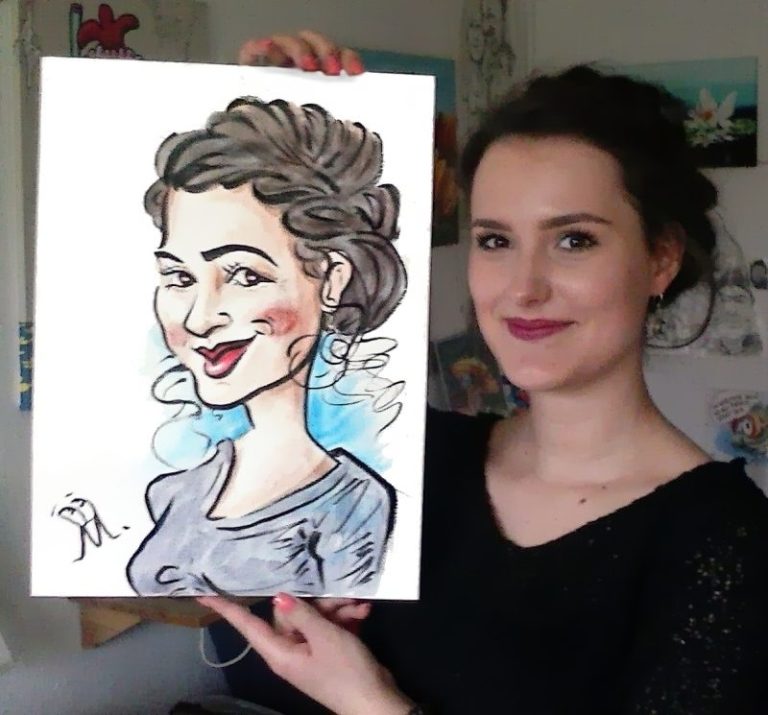 Karikatur Zeichnung als Aquarell, Schnellzeichnung im Großformat von Mike Bauer aus Rostock, MV Karikatur Zeichnung, Schnellzeichnung Frau in farbe